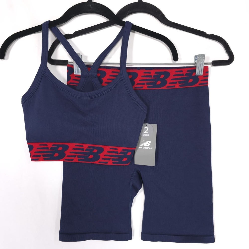 NEW BALANCE Womens New Set Bra Shorts Athletic MEDIUM Navy Red Sport R001863 - Picture 3 of 14